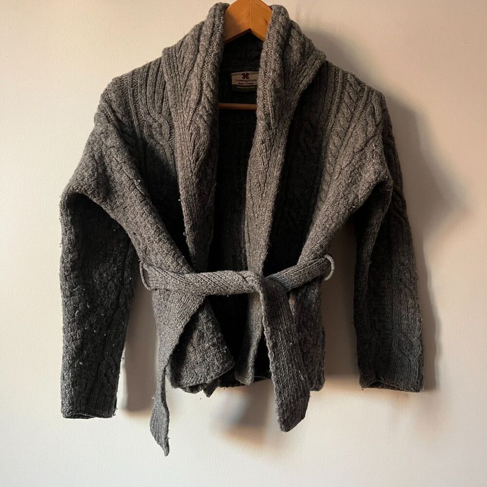 Carraigdonn Irish Merino Wool Cable Knit Cardigan Sweater Gray Belted XS